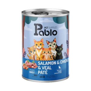 (پابلو) کنسرو پرمیوم گربه با طعم گوشت و مرغ و ماهی سالمون پته 400 گرمی